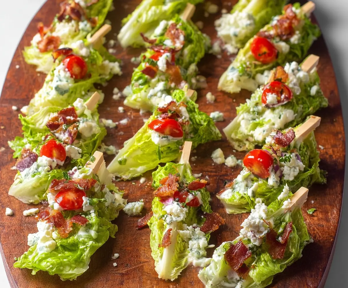 Crispy lettuce wedge bites topped with creamy dressing and fresh herbs on a white plate.