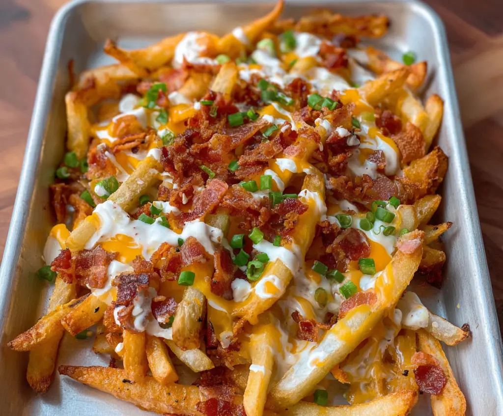 Delicious loaded bacon ranch French fries topped with crispy bacon, melted cheese, and fresh green onions.