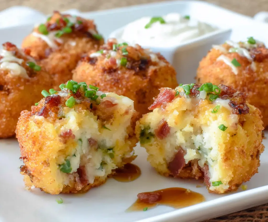 Delicious Loaded Mashed Potato Bites topped with cheese, bacon, and chives on a wooden platter.