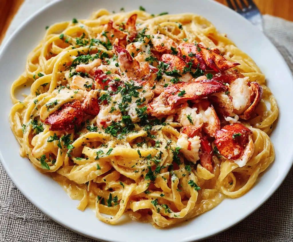 Delicious lobster pasta dish with fresh seafood and creamy sauce on a white plate