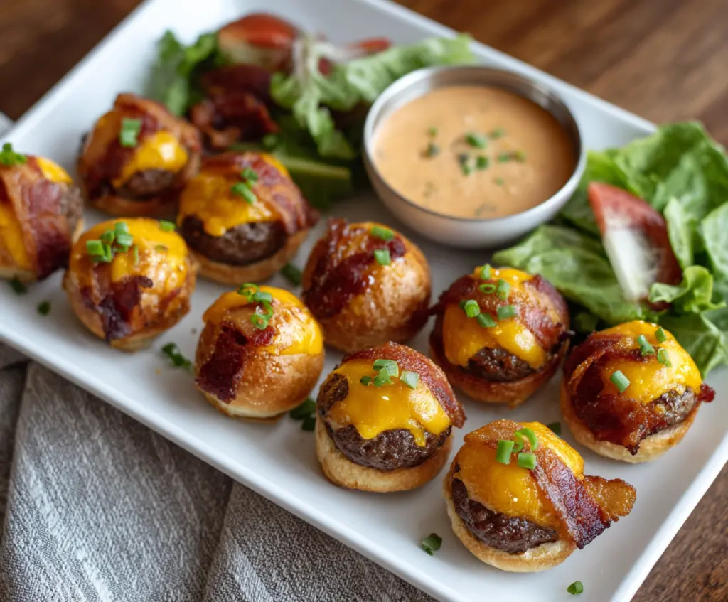Mini bacon cheeseburger bites with juicy beef patties, crispy bacon, and melted cheese on a serving tray.