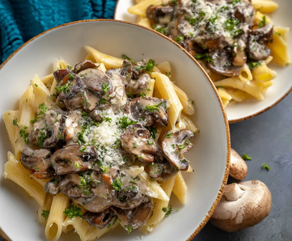 Delicious mushroom pasta with creamy sauce served on a plate, showcasing a flavorful Italian dish.