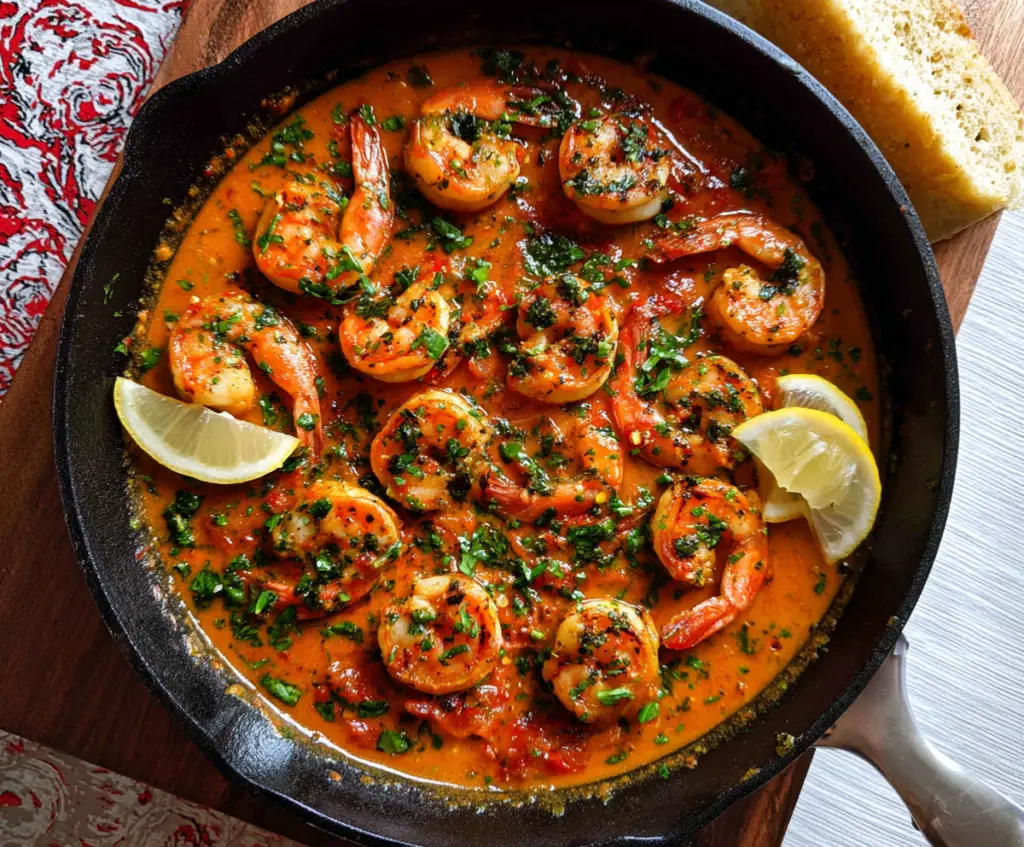 Delicious paprika shrimp skillet garnished with fresh herbs, perfect for a flavorful seafood meal.