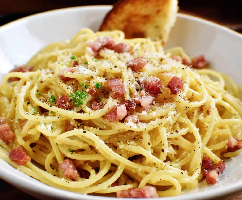 Delicious Pasta Carbonara with crispy pancetta and creamy sauce, served on a white plate.