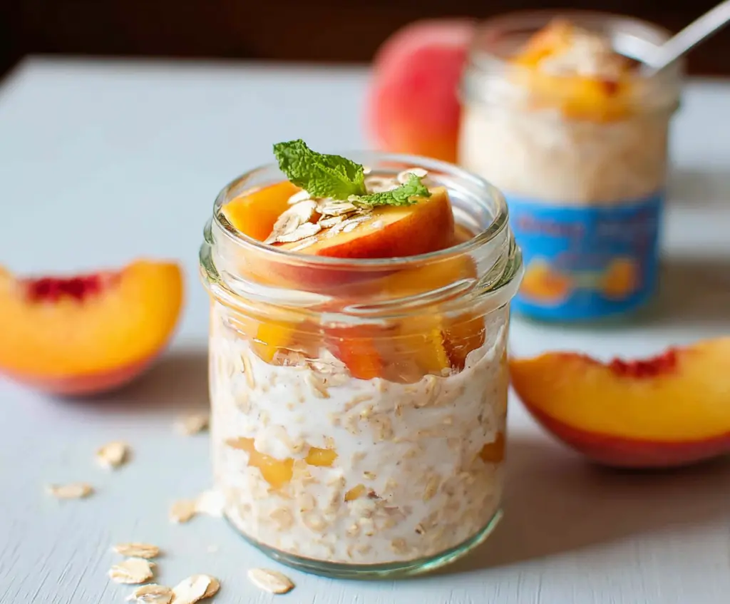 Creamy Peach Cobbler Overnight Oats in a glass jar with fresh peach slices on top.