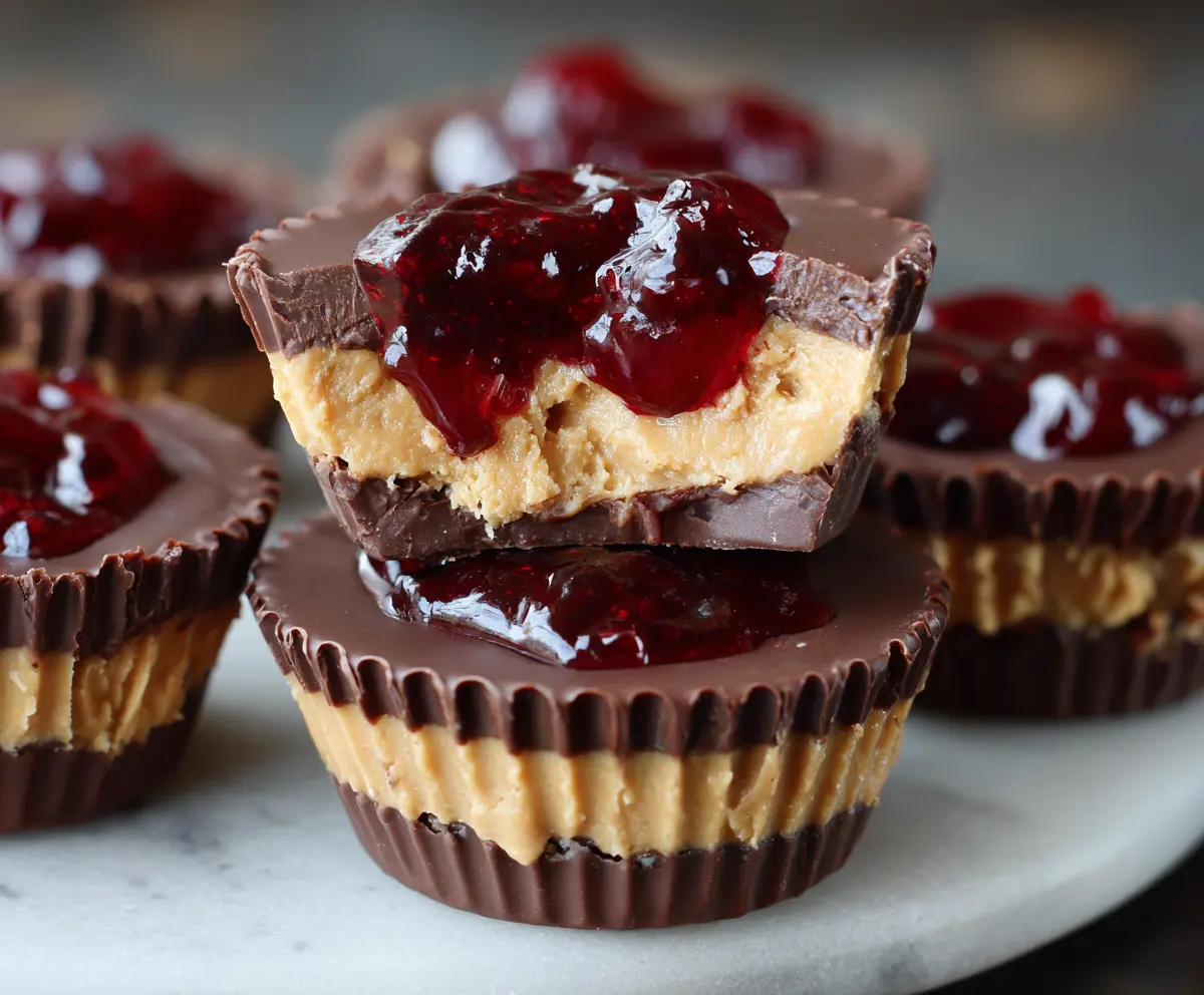 Delicious peanut butter and jelly cups with creamy filling in a cupcake liner.