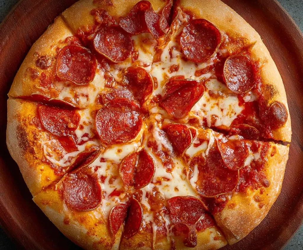 Delicious pepperoni pizza with crispy crust and melting cheese, perfect for any pizza lover.