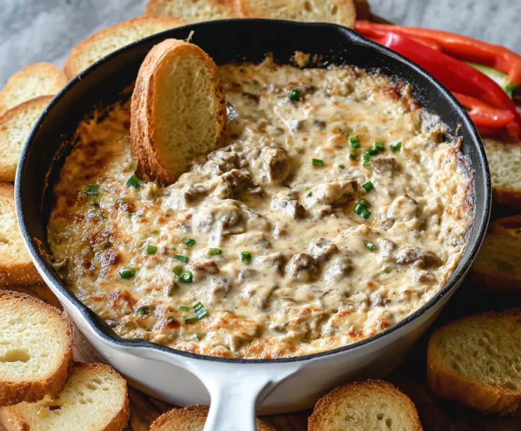 Creamy Philly Cheesesteak Dip with melted cheese and savory steak slices in a serving dish.