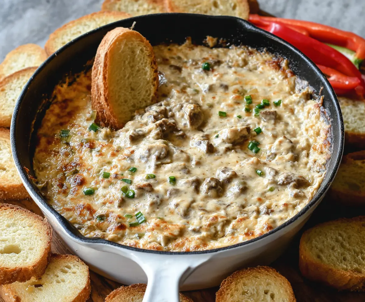 Creamy Philly Cheesesteak Dip with melted cheese and savory steak slices in a serving dish.