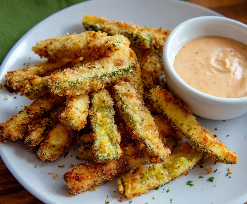 Crispy pickle fries served with dipping sauce on a wooden table
