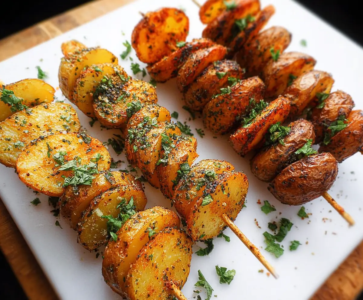 Grilled potato skewers with herbs and spices on a rustic platter