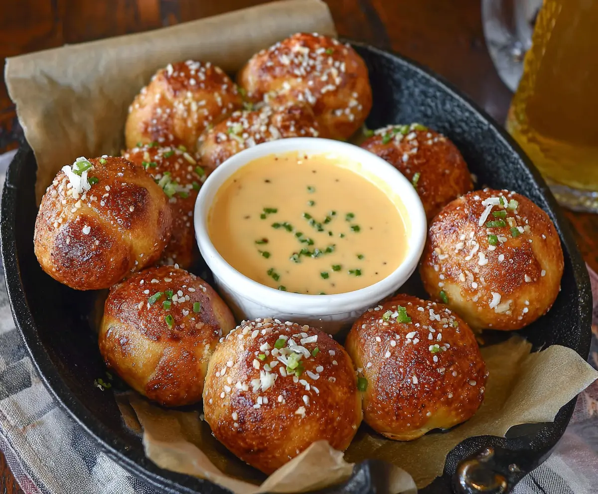 Delicious pretzel bites served with creamy beer cheese dip, perfect for snacking.