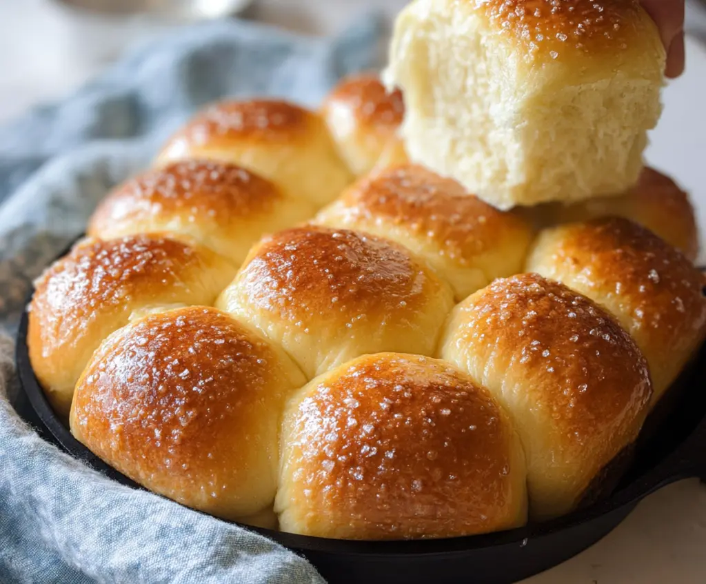 Golden Pull Apart Sourdough Dinner Rolls fresh out of the oven, showcasing their soft, fluffy texture and airy layers.