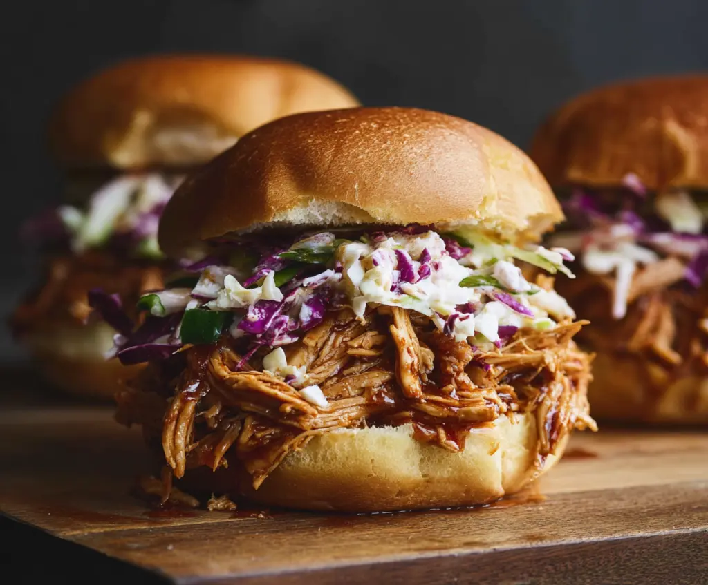 Juicy pulled chicken sandwiches topped with fresh coleslaw served on soft buns