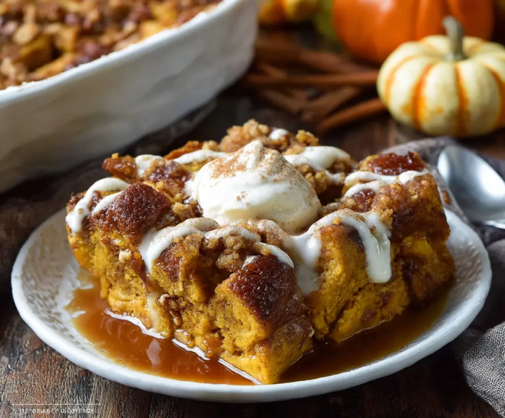 Delicious Pumpkin Spice French Toast Casserole topped with whipped cream and cinnamon for a cozy breakfast