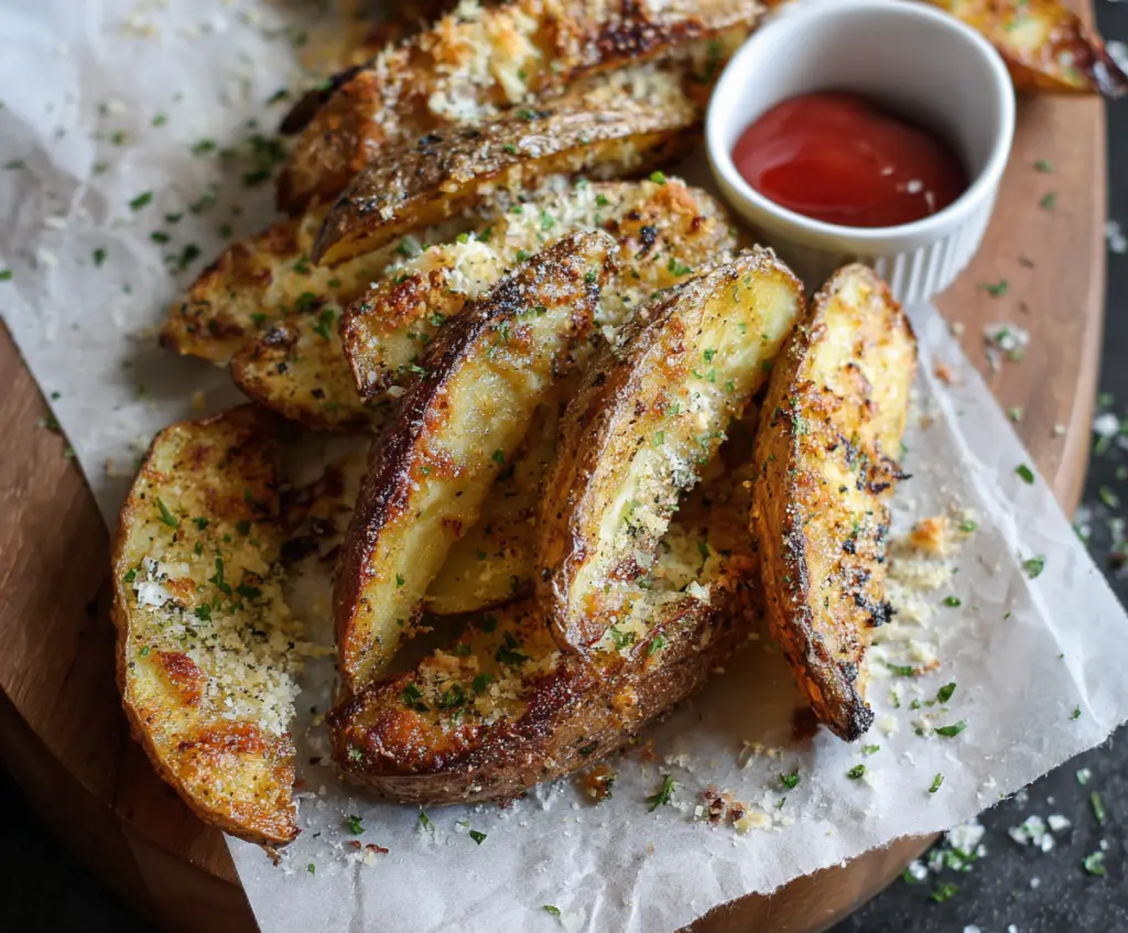 Golden roasted garlic parmesan potato wedges served with fresh herbs