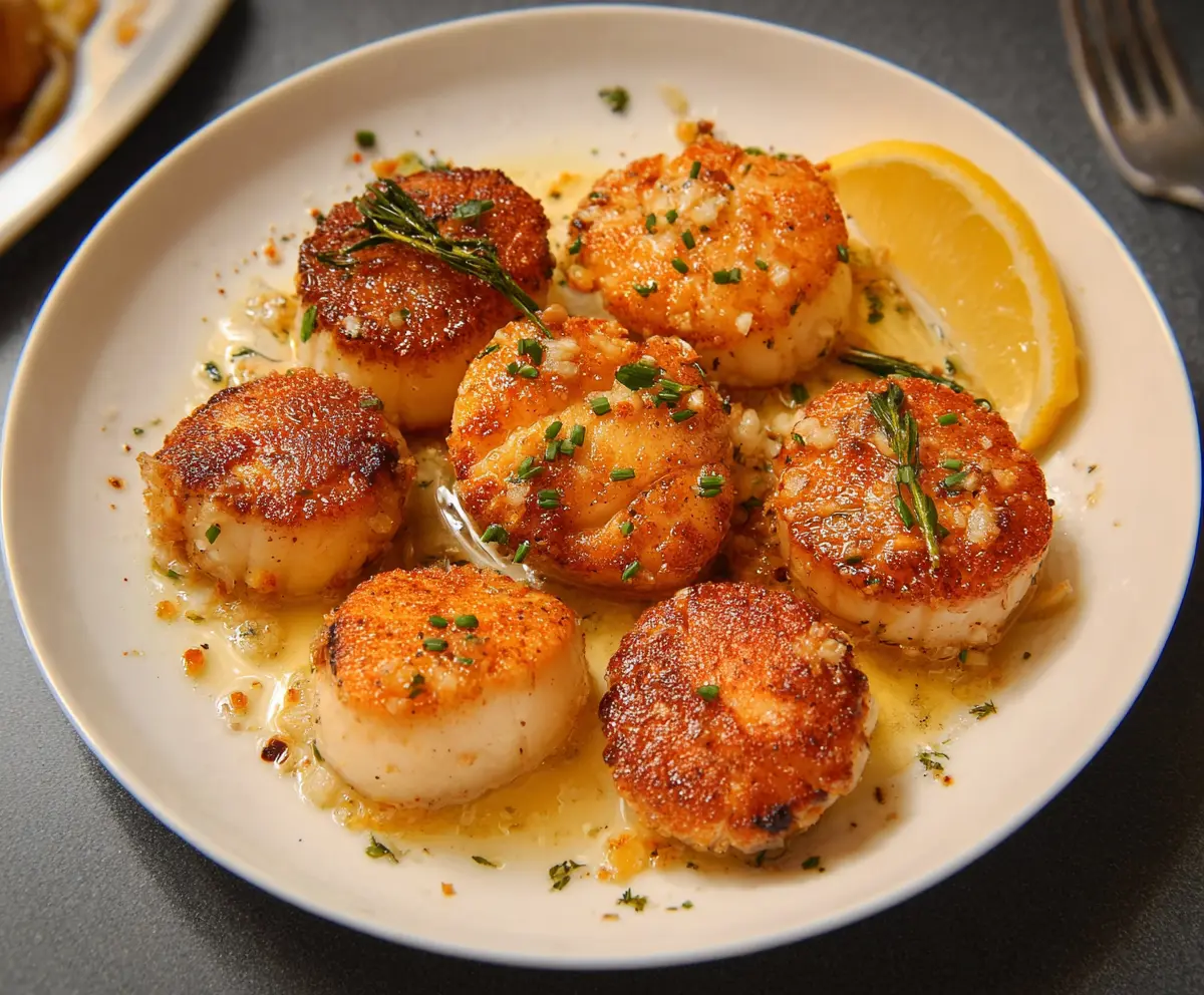 Delicious seared scallops served on a white plate with garnish.
