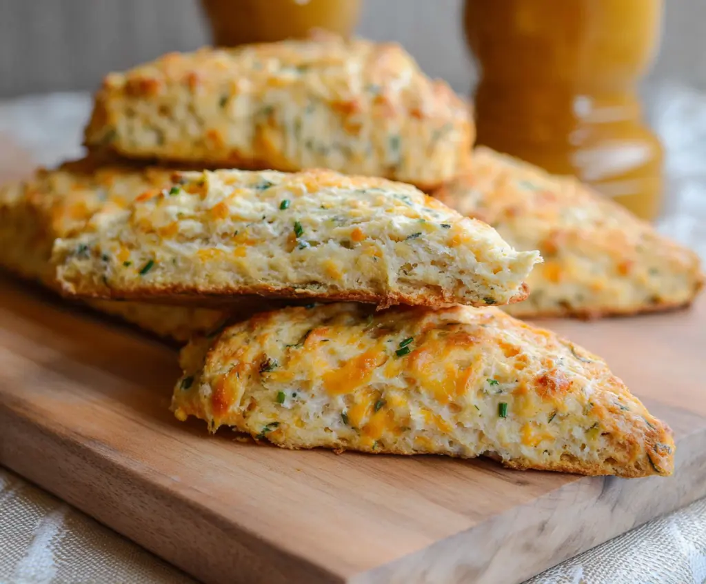 Golden Sharp Cheddar and Chive Sourdough Scones fresh out of the oven, showcasing flaky layers and melted cheese.