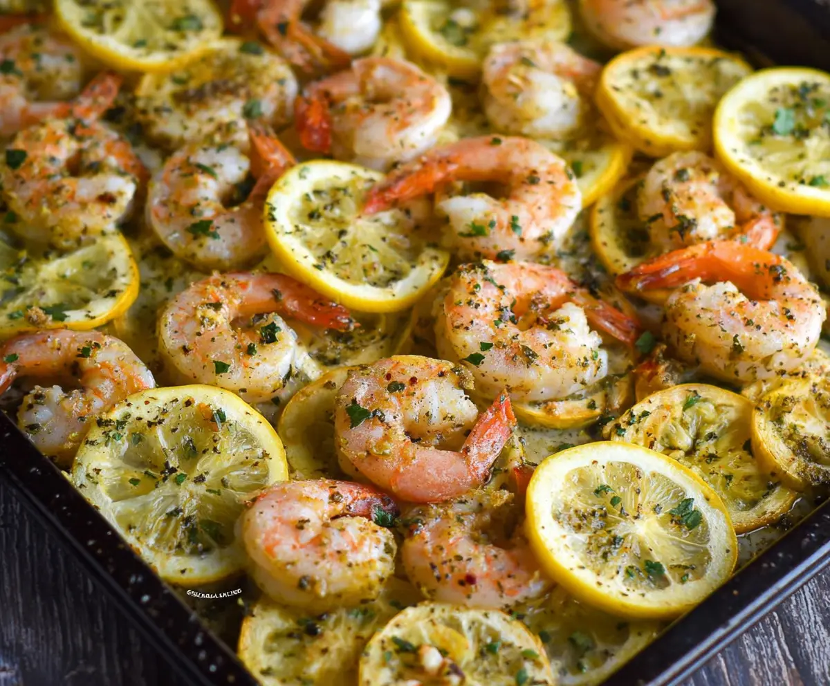 Delicious sheet pan lemon herb shrimp with fresh herbs and lemon slices on a baking sheet.