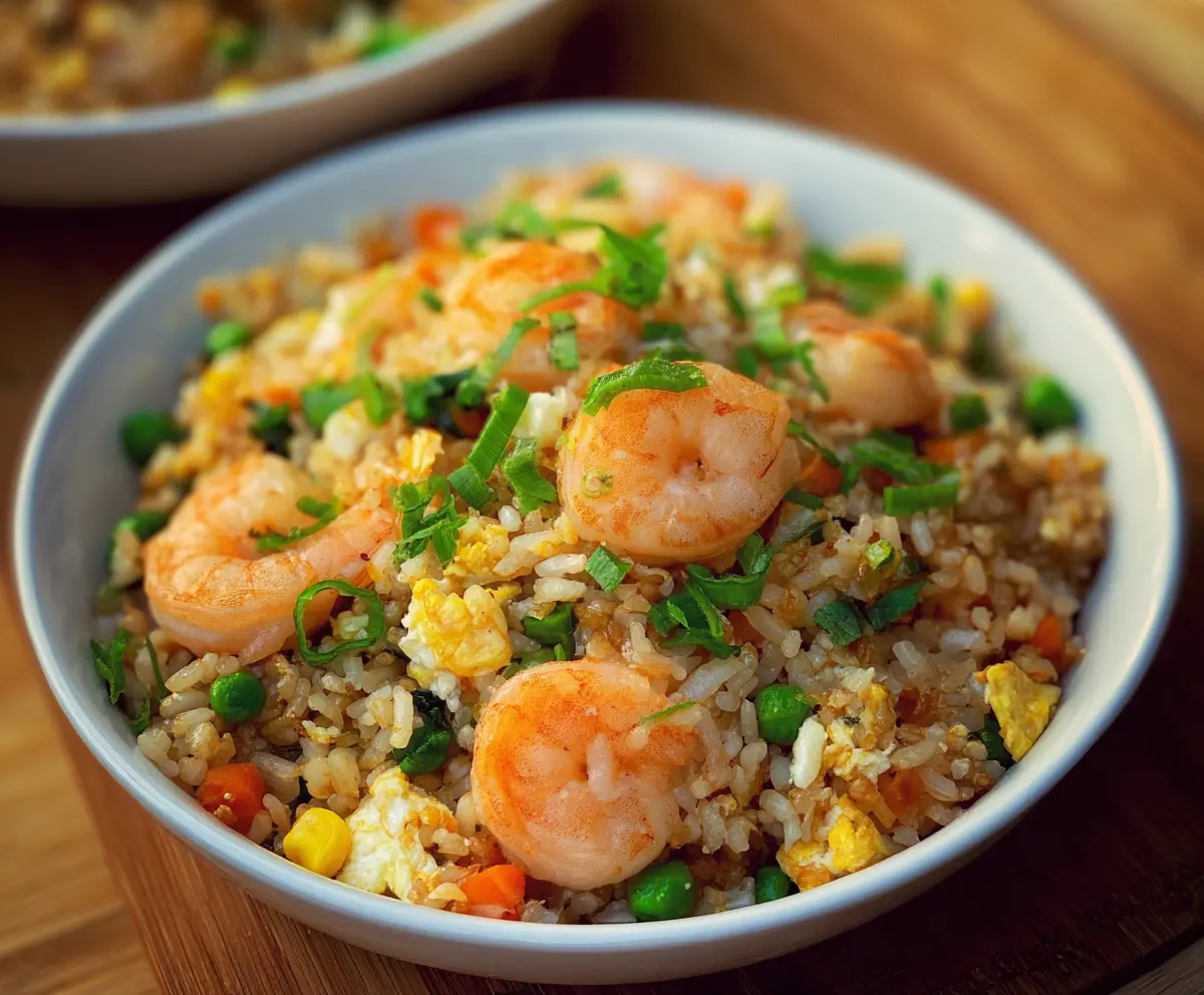Delicious shrimp fried rice with colorful vegetables and fluffy texture.