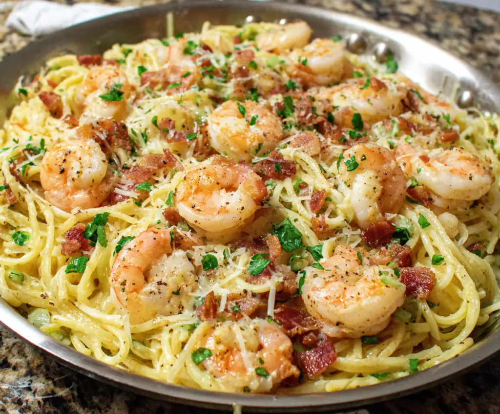 Delicious Shrimp Pasta Carbonara with creamy sauce and fresh seafood