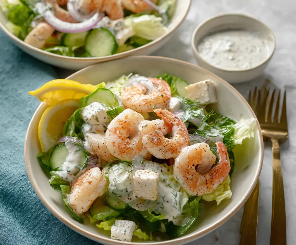 Delicious shrimp salad with creamy yogurt dressing served fresh on a plate.