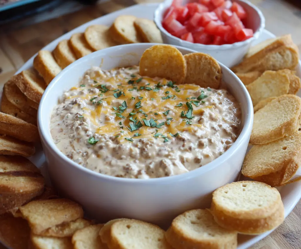 Delicious Slow Cooker Big Mac Dip with layers of seasoned beef, cheese, and special sauce served in a bowl.
