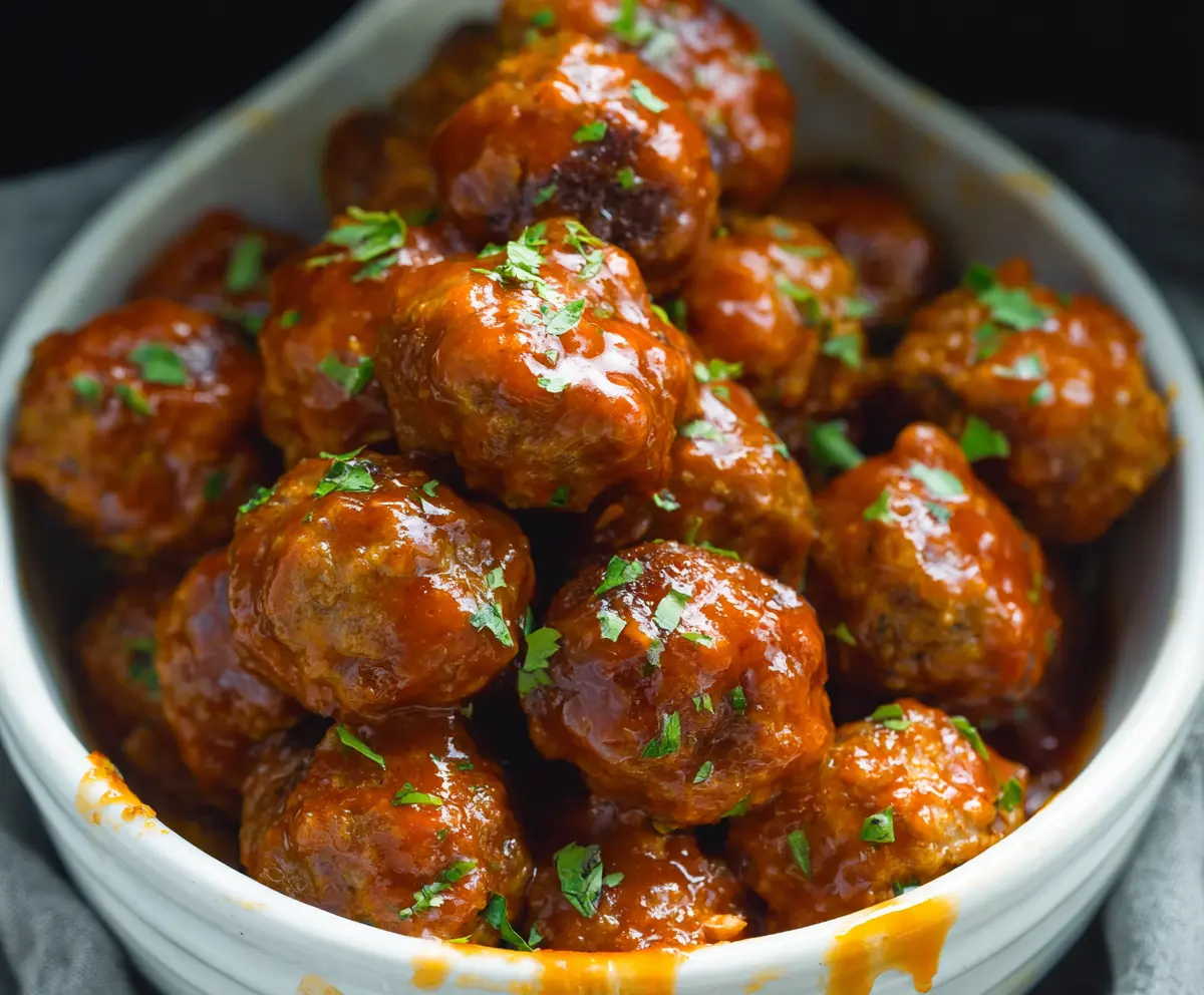 Delicious slow cooker honey buffalo meatballs garnished with fresh herbs on a rustic plate.