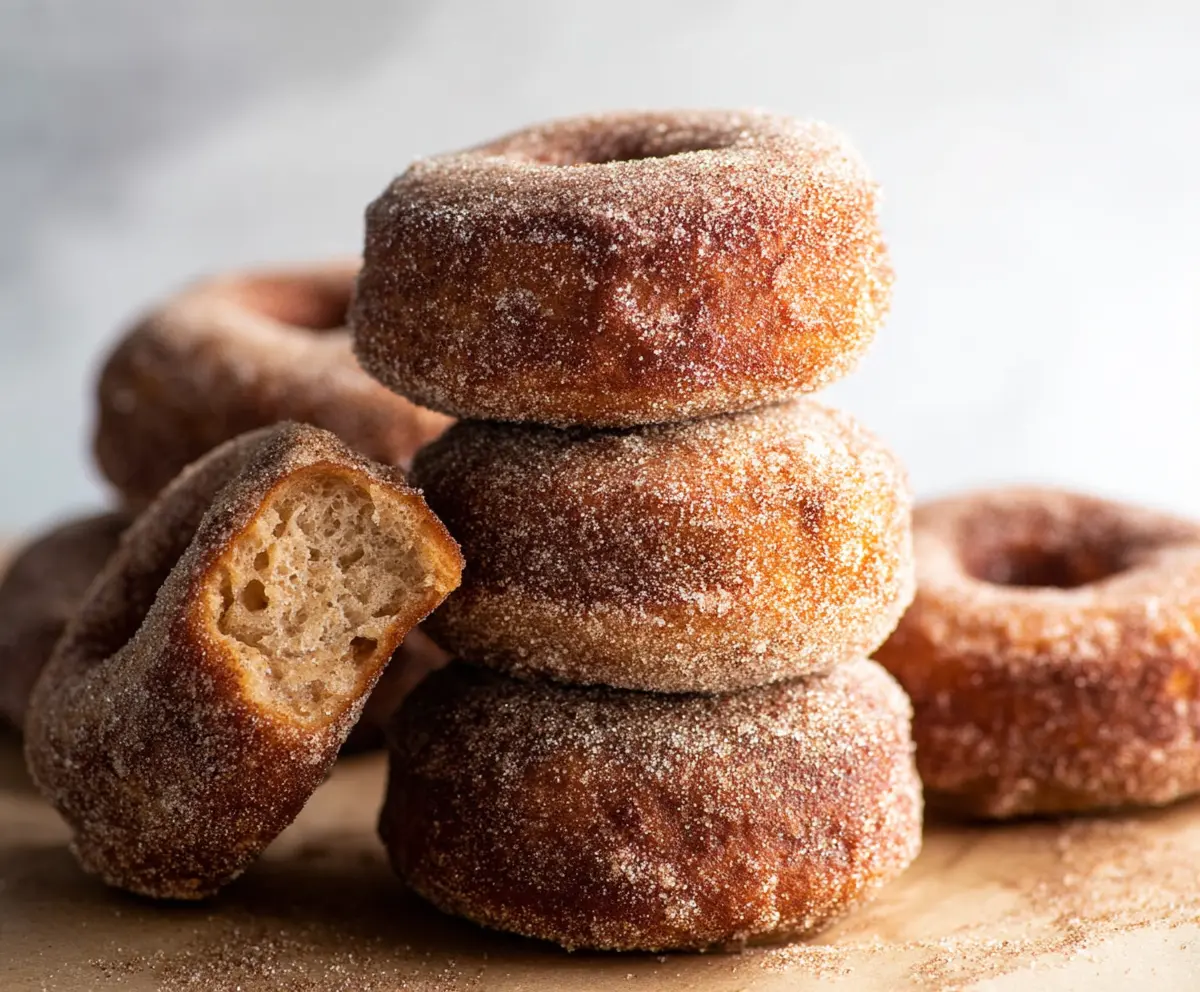 Delicious homemade sourdough apple cider donuts on a rustic plate, perfect for fall treats.