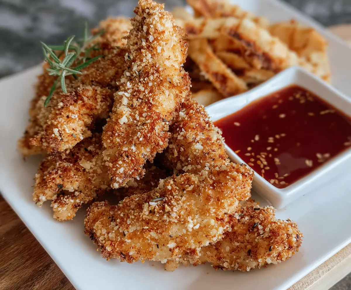 Crispy sourdough discard chicken strips served with dipping sauce on a rustic plate