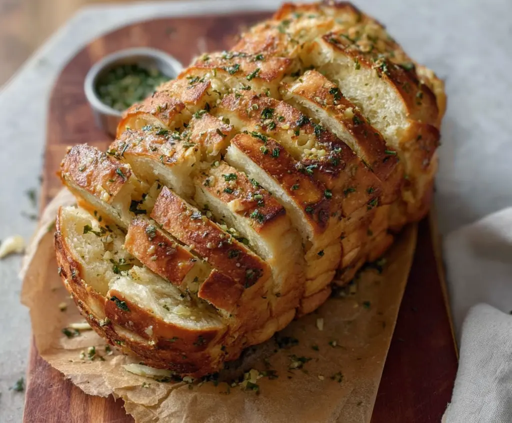 Delicious sourdough discard garlic pull apart bread fresh out of the oven, showcasing flaky layers and golden crust.