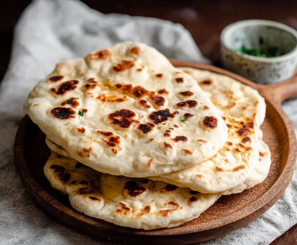 Homemade sourdough discard naan bread on a rustic wooden surface, soft and golden with charred spots.
