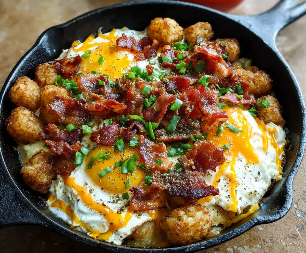 Delicious Tater Tot Breakfast Skillet with eggs, cheese, and fresh herbs in a skillet dish
