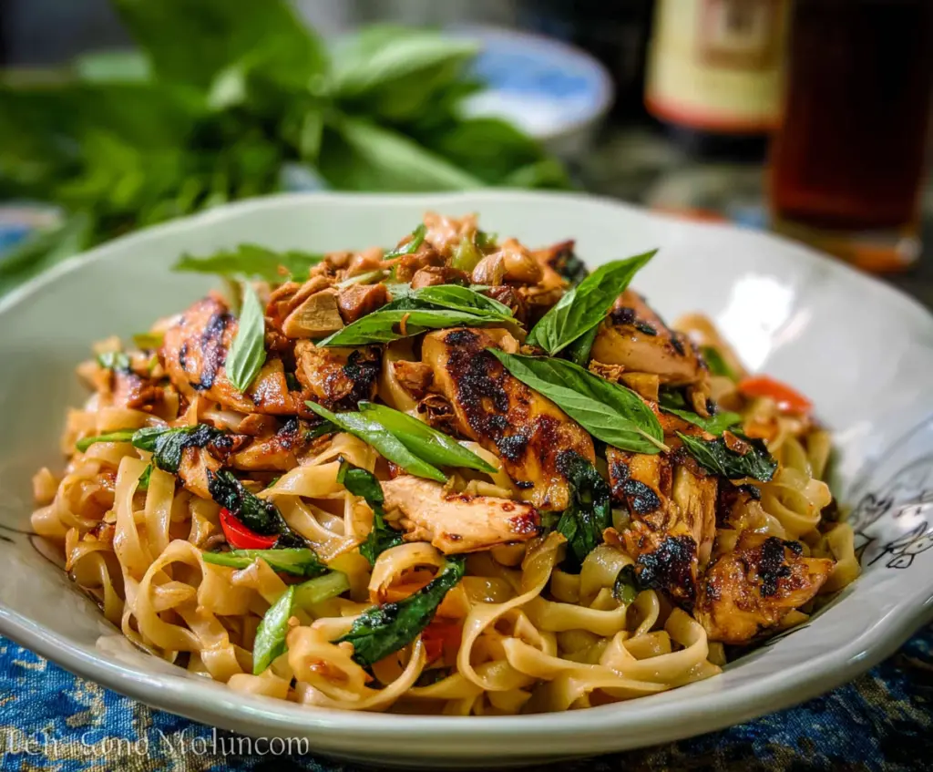Delicious Thai Basil Chicken Noodles served in a bowl, topped with fresh basil and colorful vegetables.