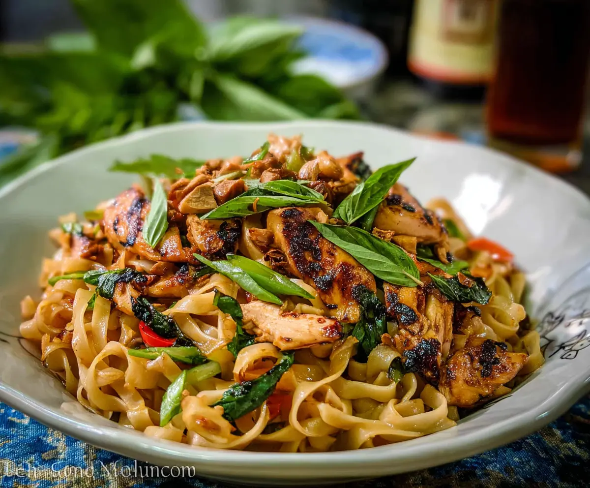 Delicious Thai Basil Chicken Noodles served in a bowl, topped with fresh basil and colorful vegetables.