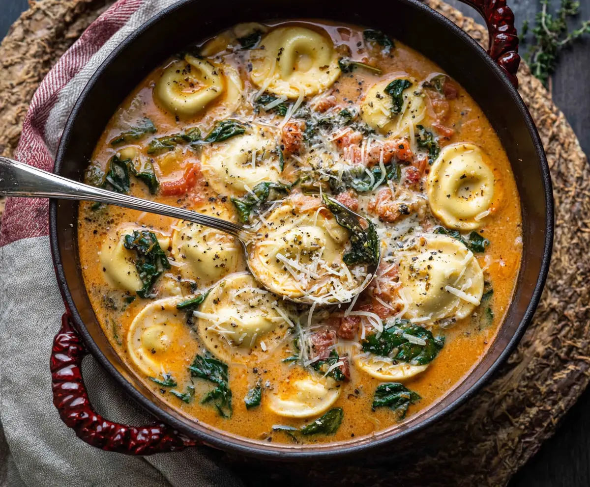 Delicious Tuscan Ravioli Soup with fresh herbs and savory broth, served in a bowl.
