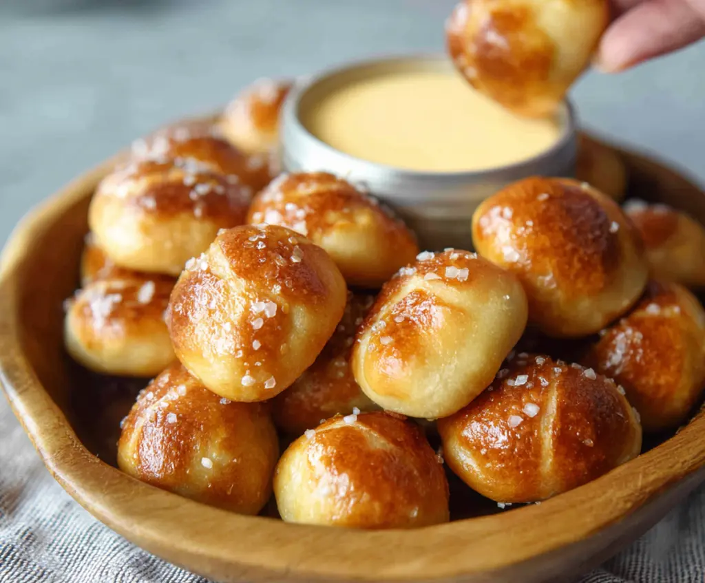 Golden baked two ingredient dough pretzel bites with coarse salt crumble.