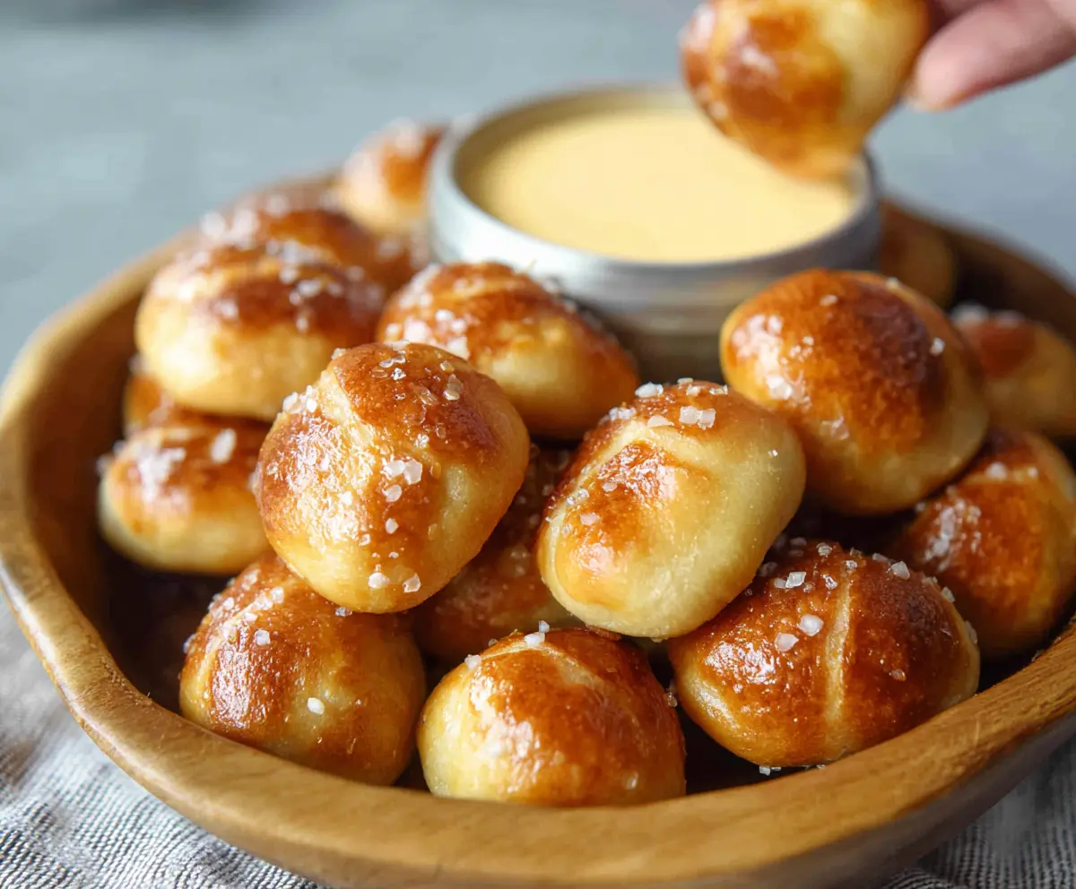 Golden baked two ingredient dough pretzel bites with coarse salt crumble.