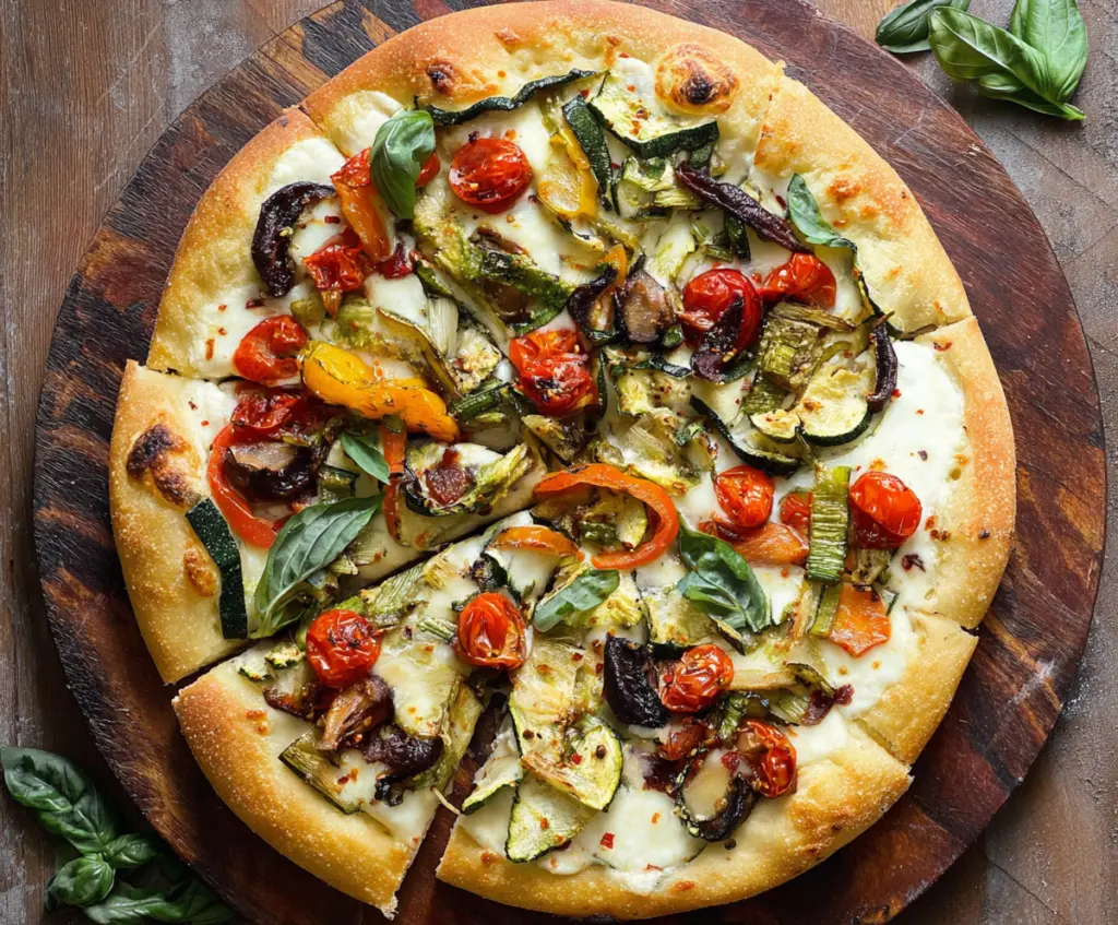 Delicious homemade veggie pizza topped with colorful bell peppers, spinach, and cherry tomatoes.