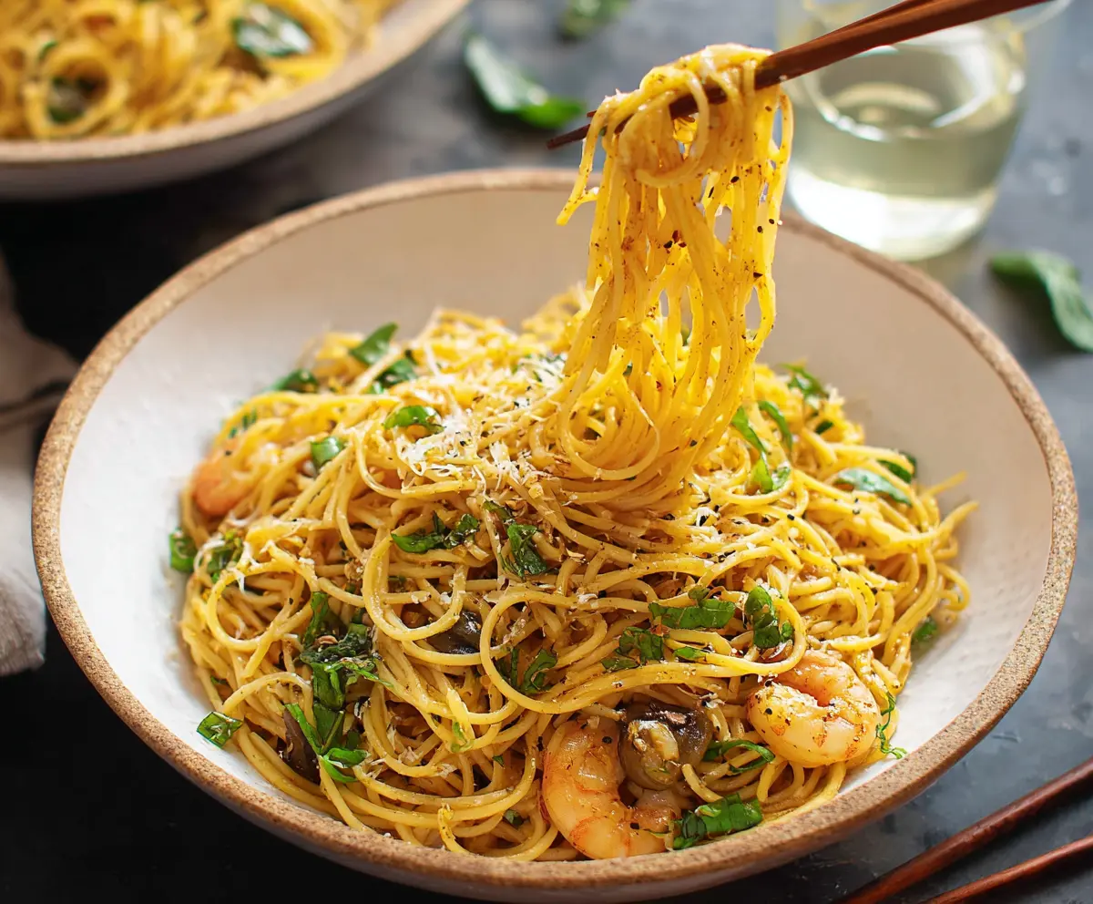 Delicious Vietnamese Garlic Noodles garnished with fresh herbs and sliced green onions.