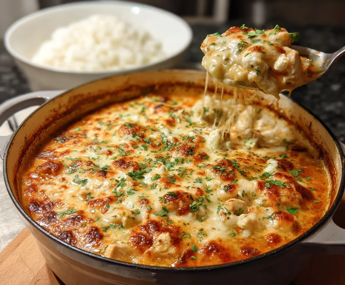 Delicious White Chicken Chili Cottage Cheese Winter Bake served hot in a casserole dish.