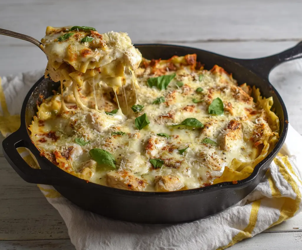Delicious white chicken skillet lasagna with melted cheese and creamy white sauce served in a skillet.