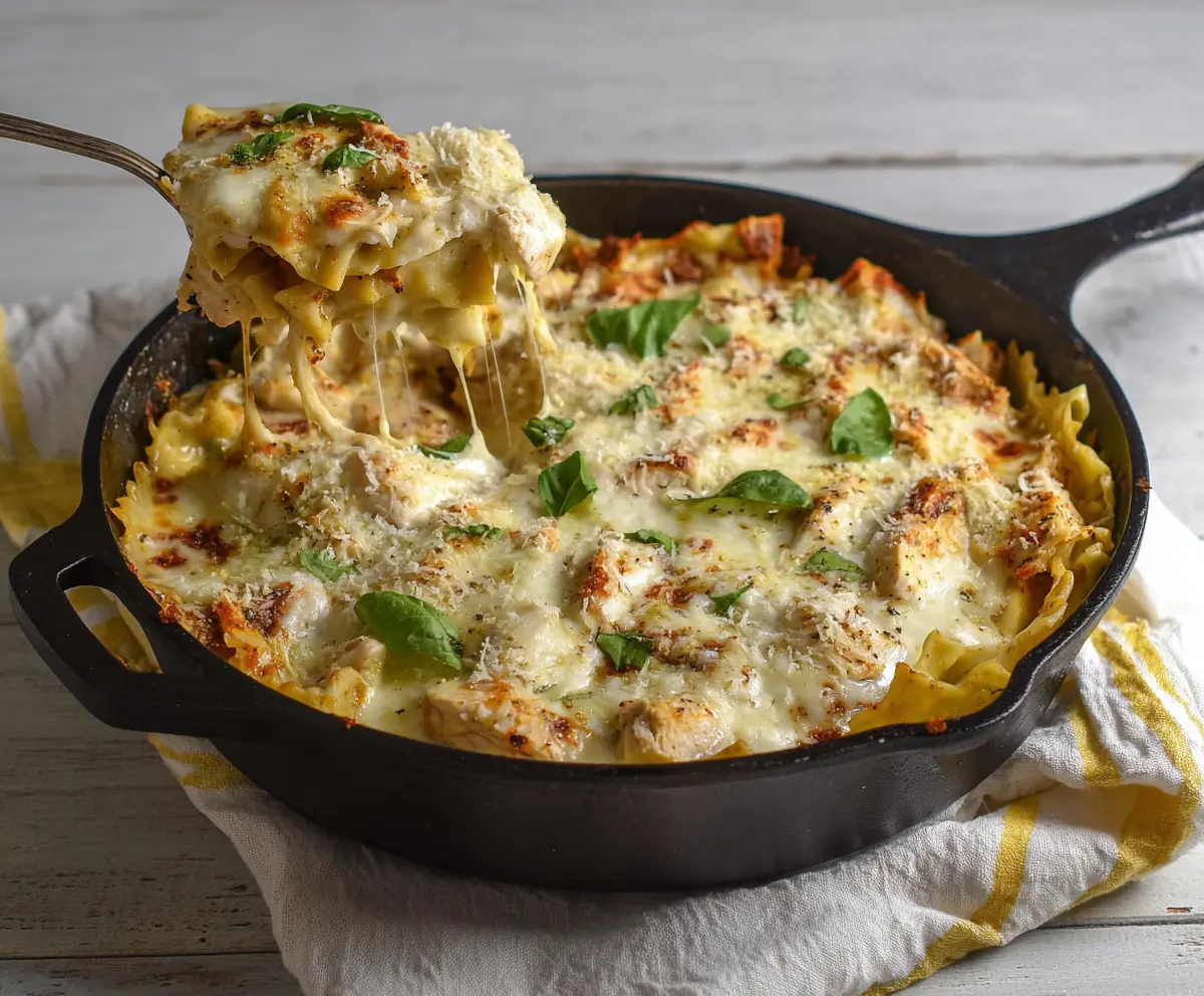 Delicious white chicken skillet lasagna with melted cheese and creamy white sauce served in a skillet.