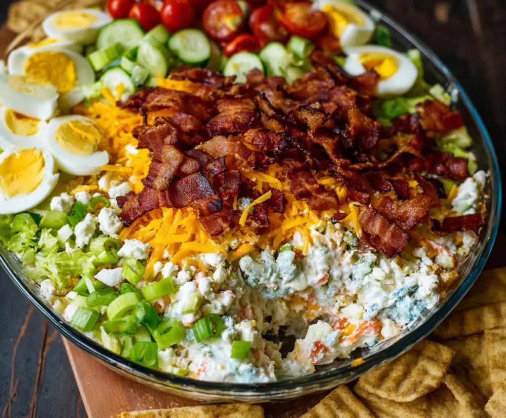 Delicious 7 Layer Cobb Salad Dip with colorful ingredients and fresh toppings.
