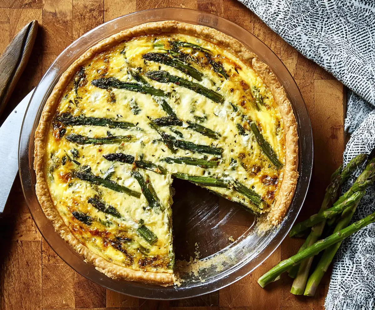Delicious asparagus and Gruyere cheese quiche on a plate, perfect for brunch or lunch.