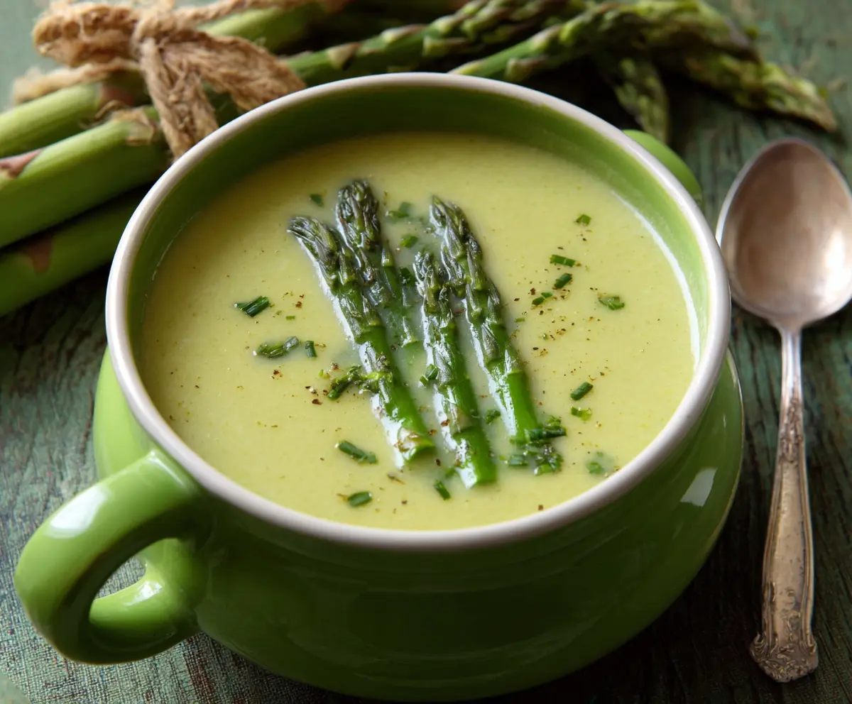Creamy asparagus and leek soup served in a bowl with fresh herbs for a healthy appetizer.