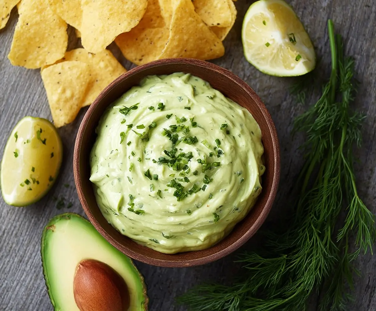 Creamy avocado ranch dip in a bowl, garnished with herbs, perfect for snacks and parties