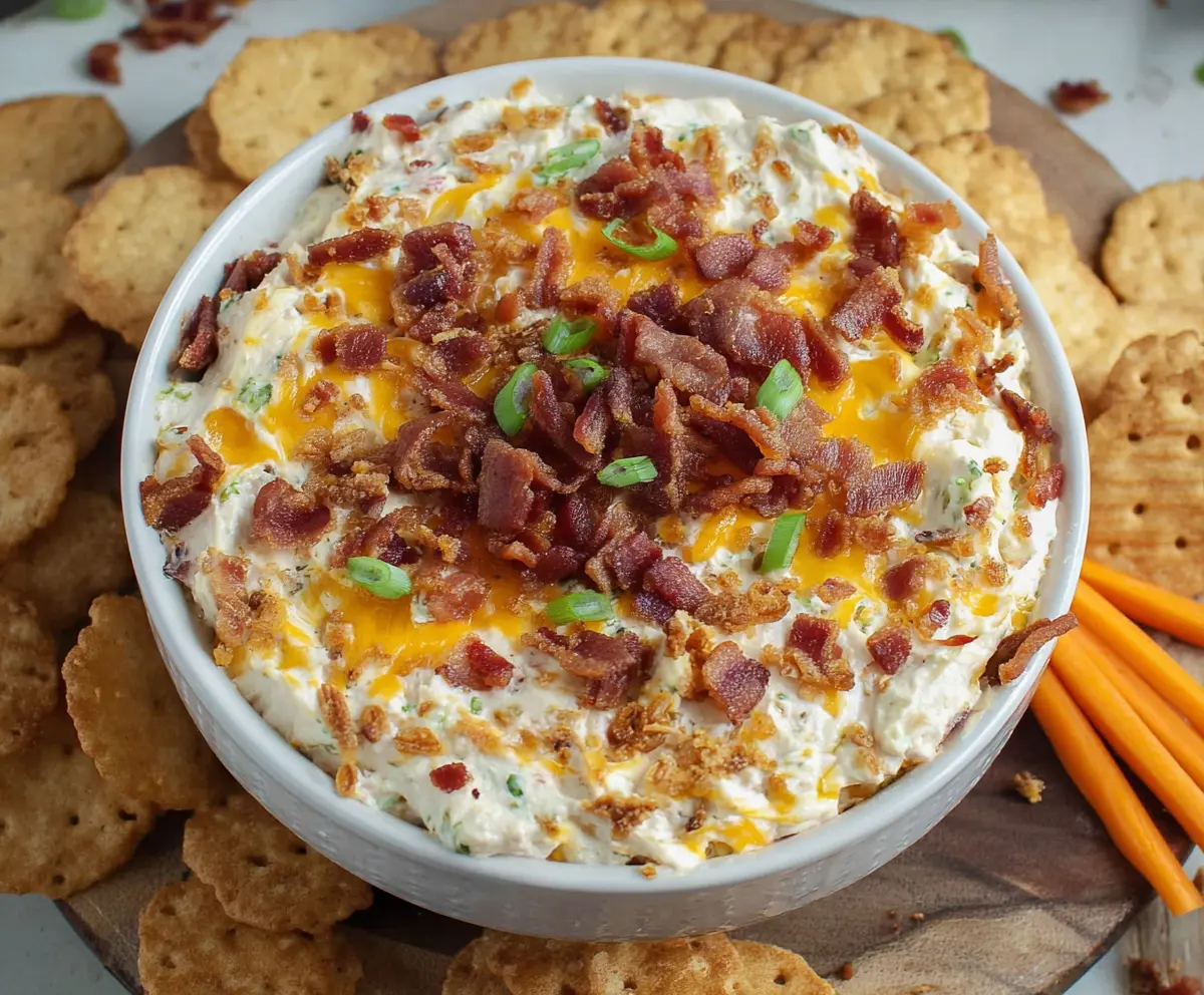 Delicious Bacon Cheddar Crack Dip served in a bowl with crispy bacon bits and melted cheddar cheese.