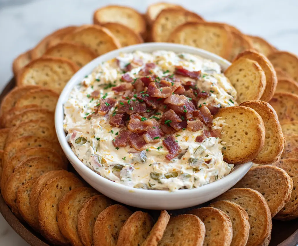 Bacon Jalapeño Cream Cheese Dip served with crispy bacon and fresh jalapeños.