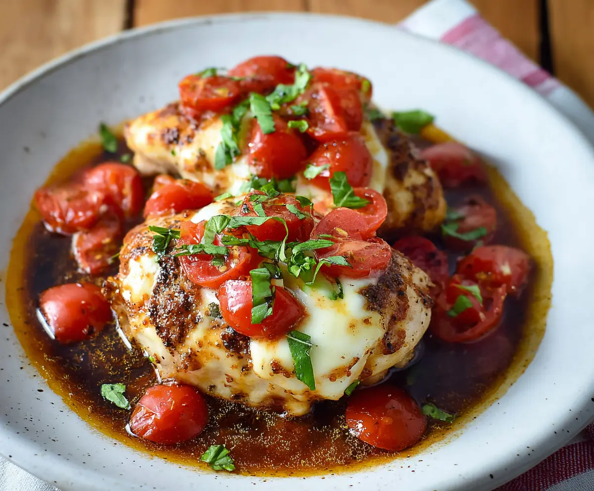 Delicious baked Caprese chicken topped with fresh basil and melted mozzarella cheese.